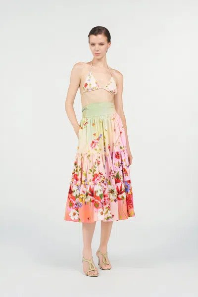 Roberto Cavalli Miami Flowers High Waist Tiered Midi Skirt In Multi