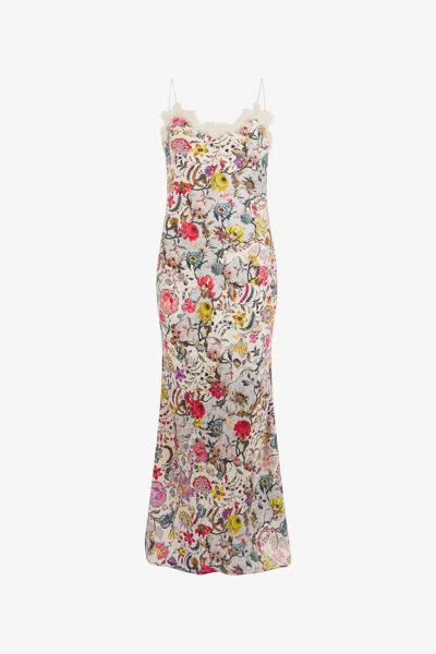Roberto Cavalli Long Silk Dress With Florentine Flowers Print In Multi