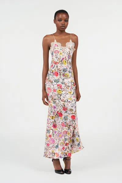 Roberto Cavalli Long Silk Dress With Florentine Flowers Print In Multi