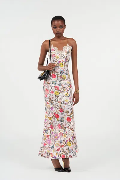 Roberto Cavalli Long Silk Dress With Florentine Flowers Print In Multi