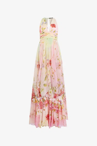 Roberto Cavalli Long Chiffon Dress With Miami Flowers Print In Pink