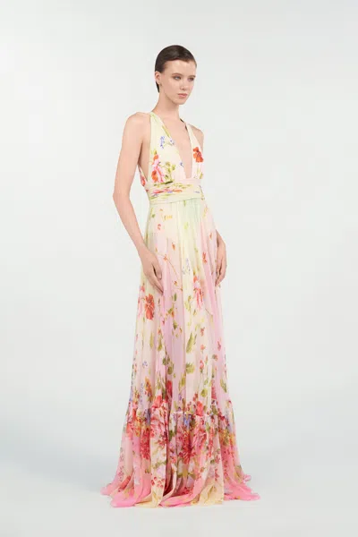 Roberto Cavalli Long Chiffon Dress With Miami Flowers Print In Pink