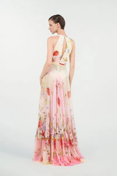 Roberto Cavalli Long Chiffon Dress With Miami Flowers Print In Pink
