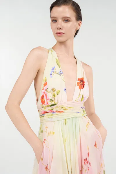Roberto Cavalli Long Chiffon Dress With Miami Flowers Print In Pink