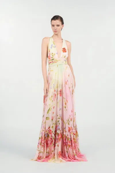 Roberto Cavalli Long Chiffon Dress With Miami Flowers Print In Pink