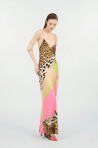 Roberto Cavalli Colorblock Jaguar-print Silk Maxi Slip Dress In Multi