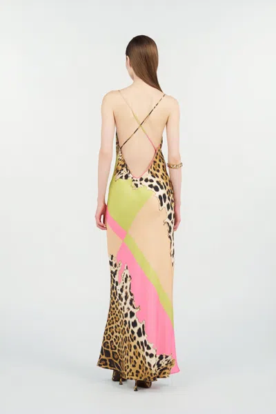 Roberto Cavalli Colorblock Jaguar-print Silk Maxi Slip Dress In Multi