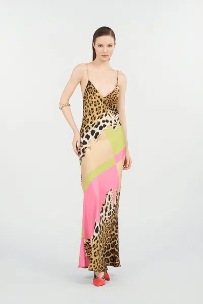 Roberto Cavalli Colorblock Jaguar-print Silk Maxi Slip Dress In Multi
