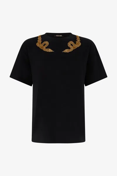 Roberto Cavalli Black T-shirt With Snake Embroidery