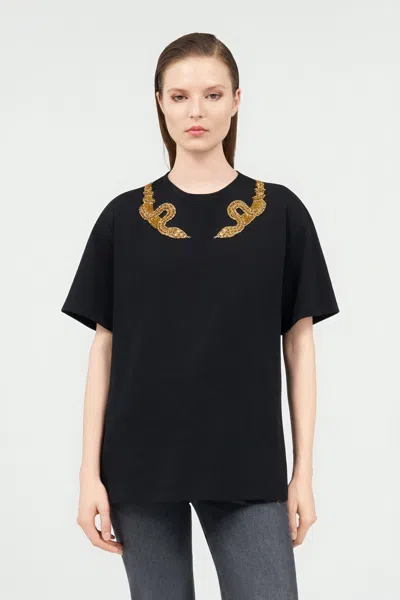 Roberto Cavalli Black T-shirt With Snake Embroidery