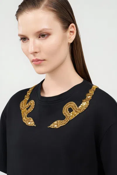 Roberto Cavalli Black T-shirt With Snake Embroidery
