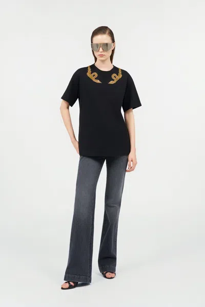 Roberto Cavalli Black T-shirt With Snake Embroidery