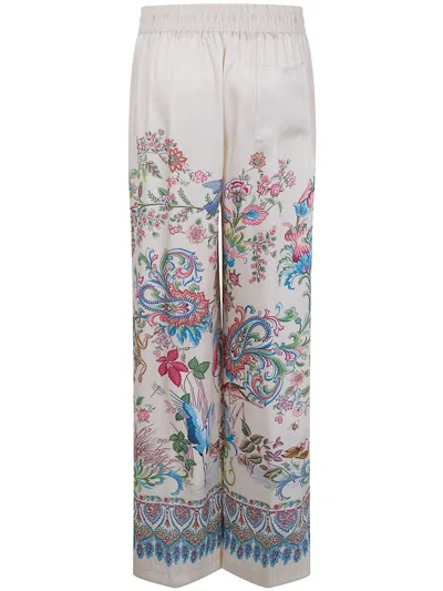 Etro Women White Pants With Elastic Drawstring Waist And All-over Floral Print In Tech Fabric Woman In Multi