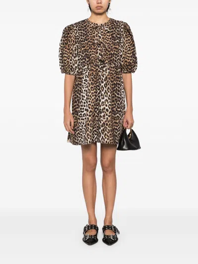 Ganni Brown Leopard Printed Cotton Tie String Minidress In 943 Leopard
