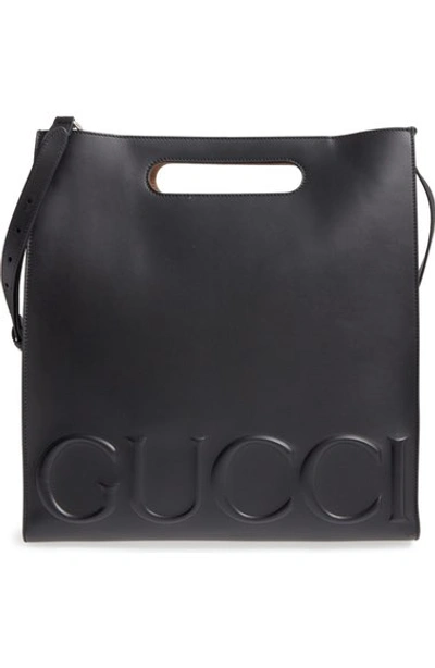 Shop Gucci Embossed Calf Leather Tote In Black
