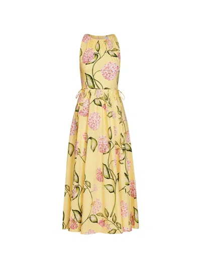 Oscar De La Renta Sleeveless Porcelain Flower Waist-tie Midi Dress In Yellow