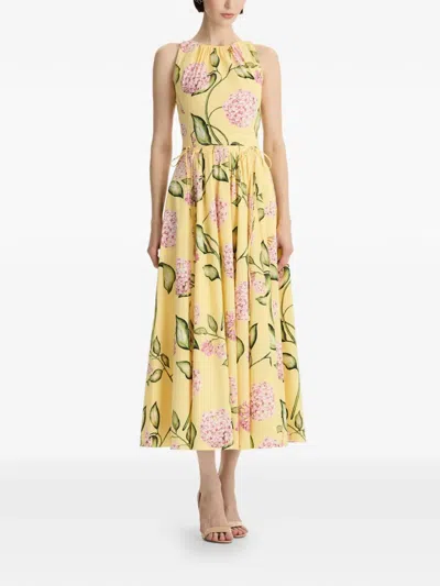 Oscar De La Renta Sleeveless Porcelain Flower Waist-tie Midi Dress In Yellow