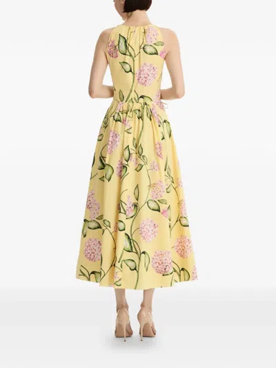 Oscar De La Renta Sleeveless Porcelain Flower Waist-tie Midi Dress In Yellow
