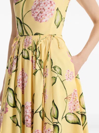 Oscar De La Renta Sleeveless Porcelain Flower Waist-tie Midi Dress In Yellow