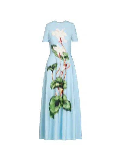 Oscar De La Renta Short Sleeve Chine Cyclamen Poplin Day Dress In Blue