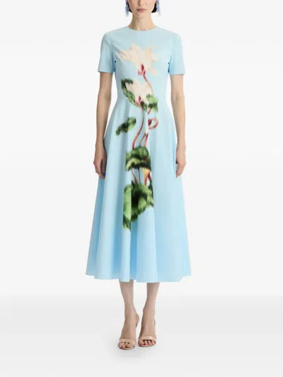 Oscar De La Renta Short Sleeve Chine Cyclamen Poplin Day Dress In Blue