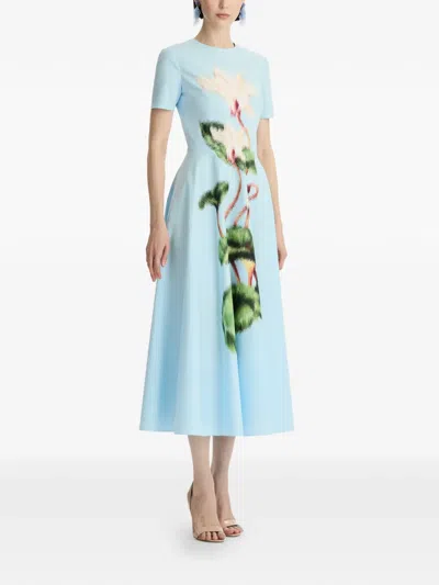 Oscar De La Renta Short Sleeve Chine Cyclamen Poplin Day Dress In Blue