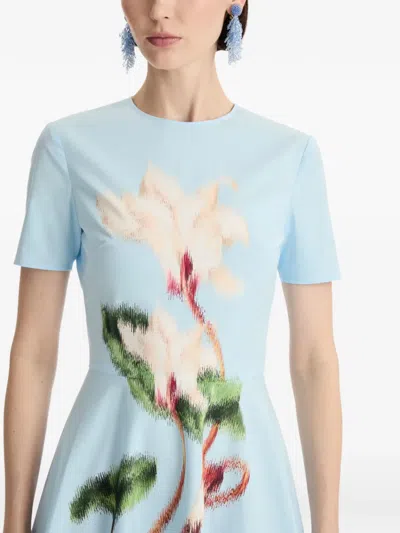 Oscar De La Renta Short Sleeve Chine Cyclamen Poplin Day Dress In Blue