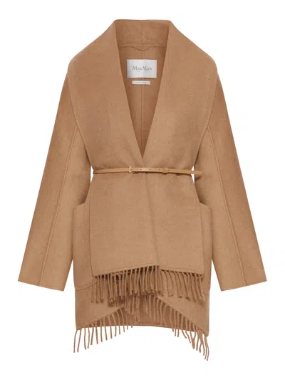 Max Mara Abilita Fringed Camel Hair Belted Cape Jacket In Brown
