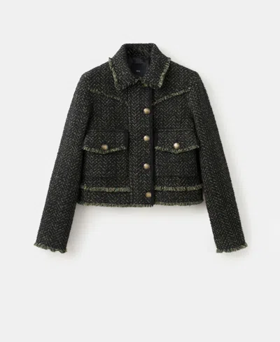 Mango Zip Front Tweed Jacket In Black