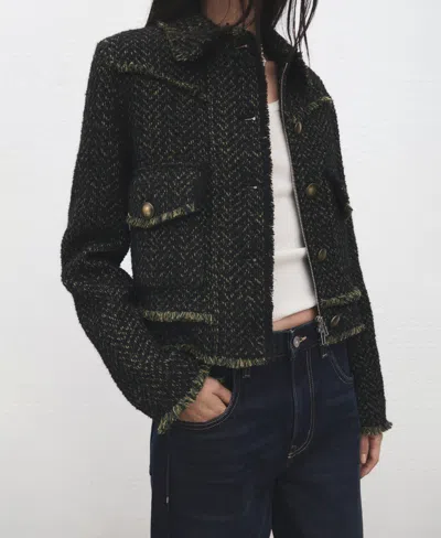 Mango Zip Front Tweed Jacket In Black