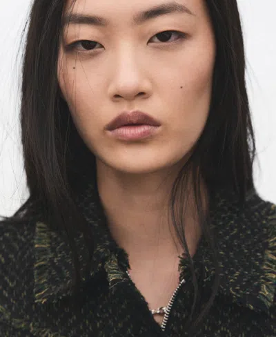 Mango Zip Front Tweed Jacket In Black