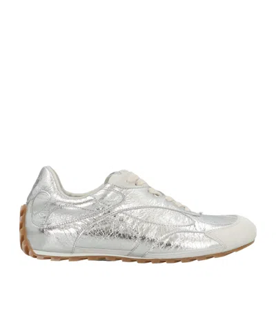 Bottega Veneta Orbit Flash Suede-trimmed Metallic Crinkled-leather Sneakers In Silver