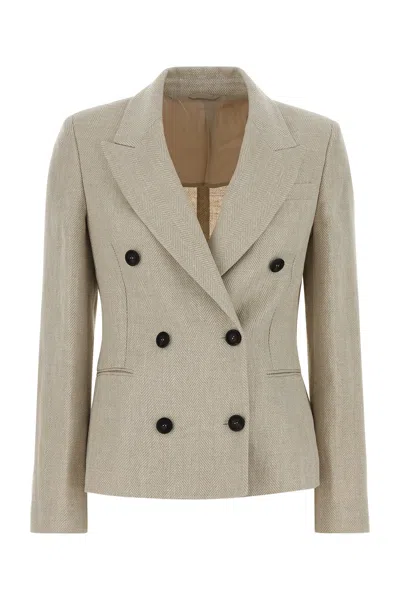 Brunello Cucinelli Women Double-breasted Jacket In Linen And Cotton With Chevron Pattern In Neutral