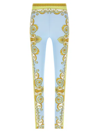 Versace Blue Leggings With All-over Geometric Print In Stretch Fabric Woman In Multi