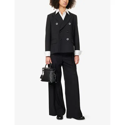 Sacai Womens Black Peak-lapels Pleated Woven Jacket In Black