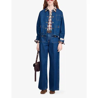 Sandro Womens Deep Blue Buttoned Round-neck Denim Jacket In Blue