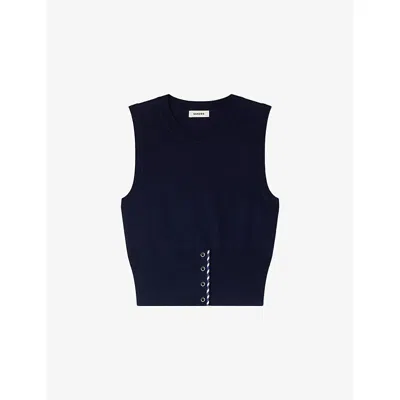 Sandro Womens Navy Blue Cropped Stripy Wool And Cashmere-blend Jumper In Black