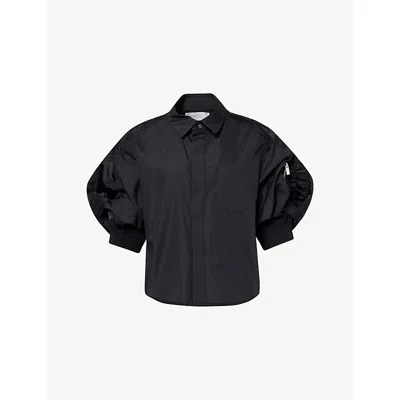 Sacai Womens Black Cropped Puffed-short-sleeves Woven Shirt In Black