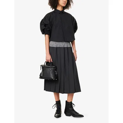 Sacai Womens Black Cropped Puffed-short-sleeves Woven Shirt In Black