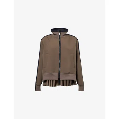 Sacai Womens Khaki Pleated High-neck Woven Jacket In Brown
