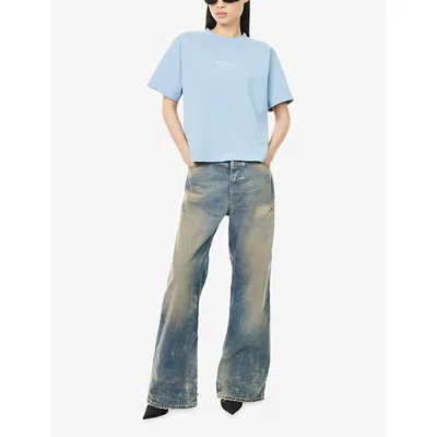 Balenciaga Womens Marine Logo-embroidered Relaxed-fit Cotton T-shirt In Blue