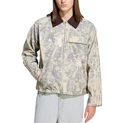 Adidas Originals Leaf Print Cotton Canvas Workwear Jacket In Neutral