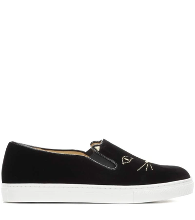 Shop Charlotte Olympia Cool Cats Velvet Slip-on Sneakers In Llack