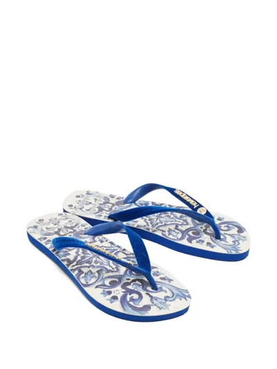 Pre-owned D&g Vintage Branded Velvet Flip-flop In Blue