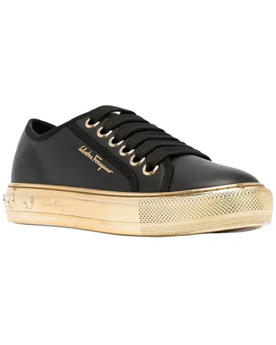 Ferragamo Logo Print Leather Sneaker In Black