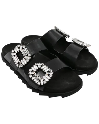 Roger Vivier Flat Black Sandals With Crystal Embellishments