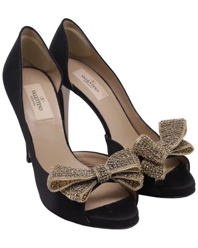 Valentino Women's Crepe Satin Crystal Bow D'orsay Open-toe Pump (authentic Pre-loved) In Black