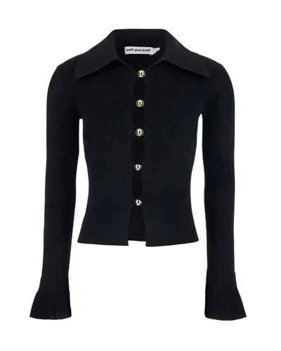 Self-portrait Fitted Ribbed Knit Cardigan With Bold Front Cutouts In Black