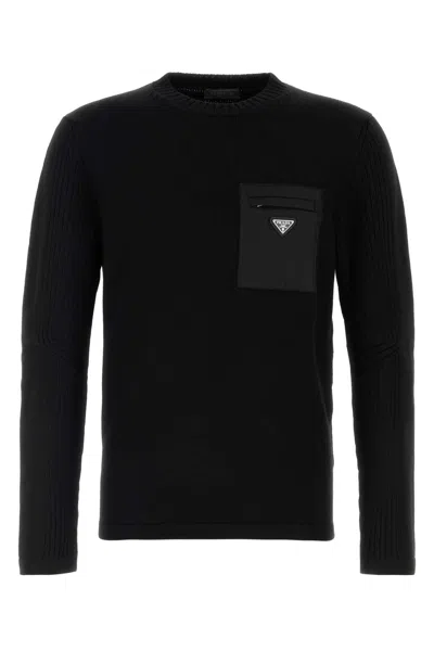 Prada Wool Sweater Chest Pocket Ribbed Sleeves In Black