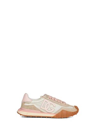 Dolce & Gabbana Dg Athletic Sneakers In Ivory And Pink Fabric And Leather In Multi